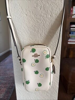 Coach Cream Crossbody Phone Pouch with Green Apple Print